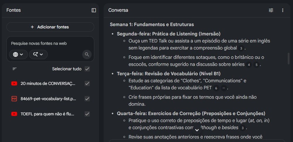 Cronograma de estudos criado no plano "Free" do Gemini Notebook com fontes variadas incorporadas — Foto: Diedrich Bader/TechTudo
