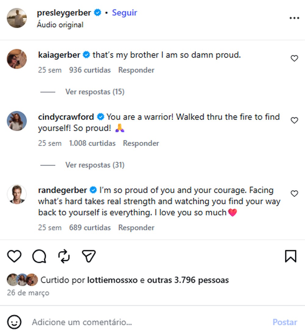 Família demonstrou apoio a Presley Gerber — Foto: Reprodução/Instagram