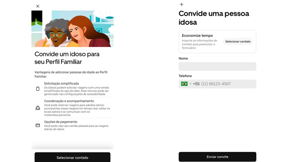 Conta Sênior da Uber deixa o app mais simples e permite que familiares acompanhem ou ajudem a organizar as viagens — Foto: Reprodução/Uber