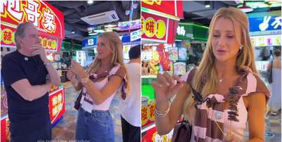 Ana Paula Siebert come espetinho de escorpião ao lado de Roberto Justus na China Foto: Reprodução/Instagram