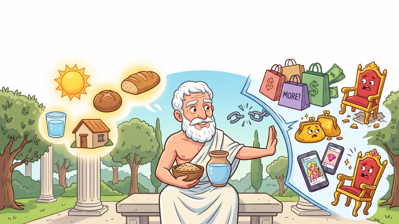 Epicuro e a escola epicurista, em reflexão sobre por que ter mais nem sempre significa viver melhor