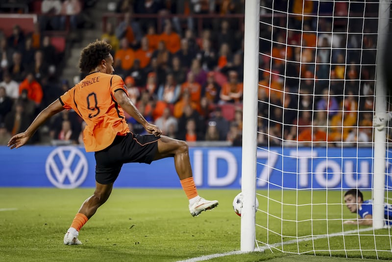 Joshua Zirkzee scores the Netherlands' winner against Serbia in Eindhoven. EPA